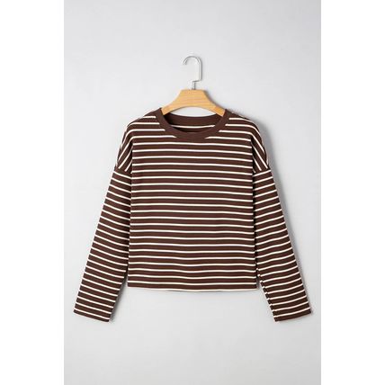 Brown Stripe Ribbed Cropped Crew Neck Long Sleeve T Shirt