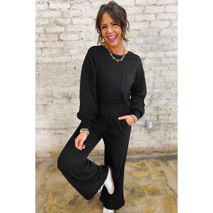 Black Textured Chest Pocket Long Sleeve Top 2Pcs Pants Set