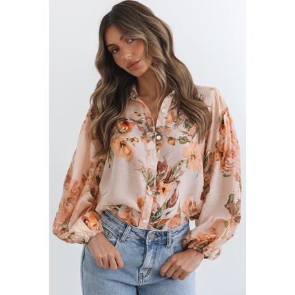 Orange Floral Puff Sleeve Lightweight Shirt