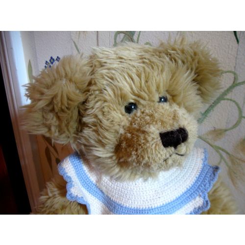 Light Golden Tan 25" Jointed Teddy Bear With Paw Pads & Blue & White Crochet Bib