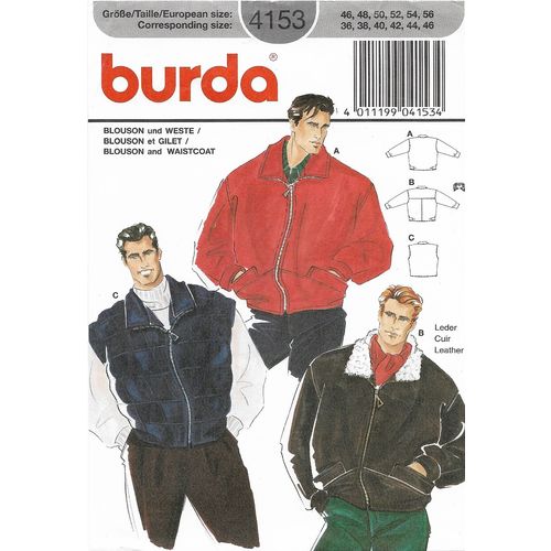 Burda 4153 Sewing Pattern Men’s Blouson & Waistcoat Sz 36 38 40 42 44 46 Uncut