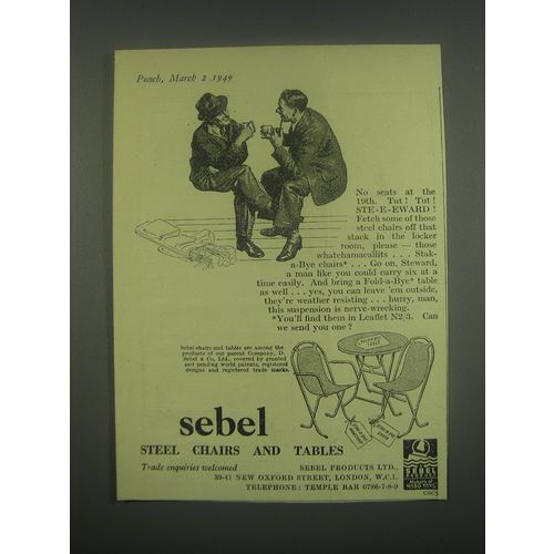 1949 Sebel Stak-a-Bye Chairs and Tables Ad - No seats at the 19th. Tut! Tut!