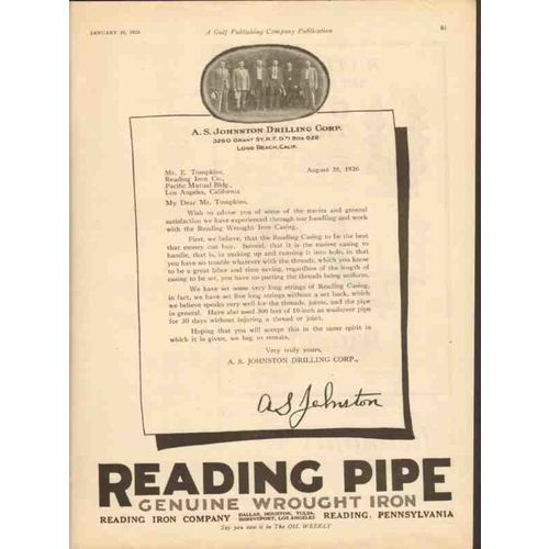 A S JOHNSTON DRILLING CORP 1928 Reading Iron Co well casing vintage ad