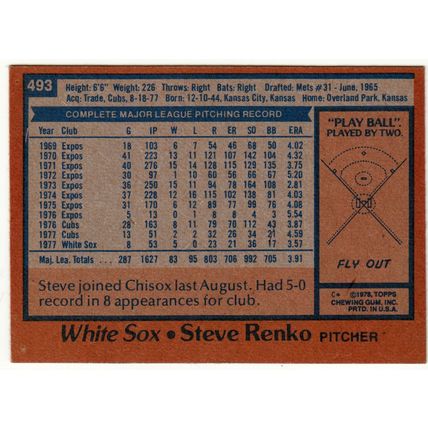 1978 Topps baseball card 493 Steve Renko – White Sox