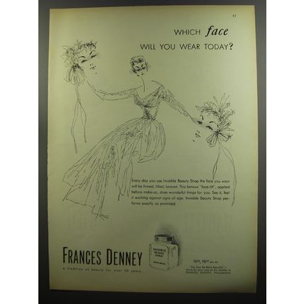 1953 Frances Denney Invisible Beauty Strap Ad - Which face will you wear today?