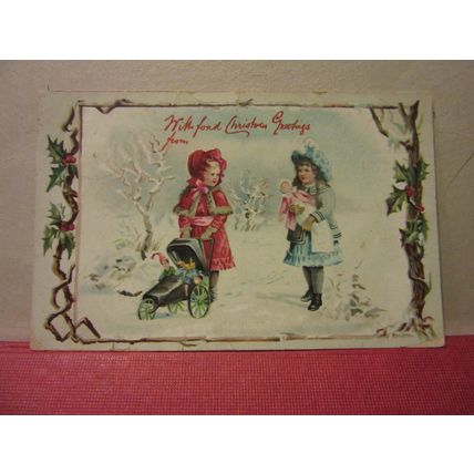 FOND CHRISTMAS GREETINGS , used antique postcard 1905 pm girls with dolls =