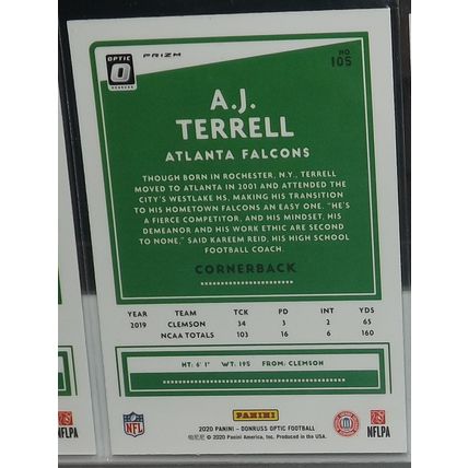 2020 Donruss Optic A.J. TERRELL (Falcons) Prizm Holo Rookie Card #105