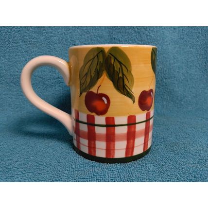 Lillian Vernon Red Cherries & Striped Fence Drinking Coffee Tea Mug Ceramic