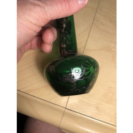 Small Emerald Green Vase With Silver Hand Painted Overlay. Vintage