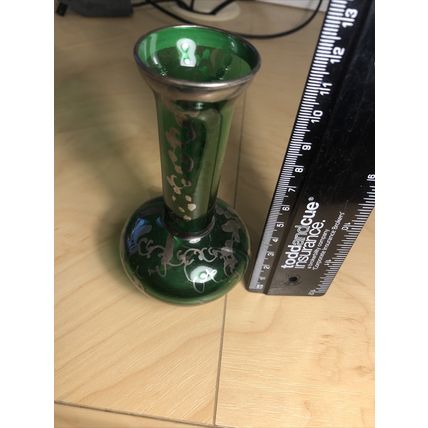 Small Emerald Green Vase With Silver Hand Painted Overlay. Vintage