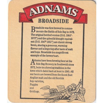 BEER MAT - ADNAMS BREWERY - BROADSIDE - (Cat No 019) - (1988)