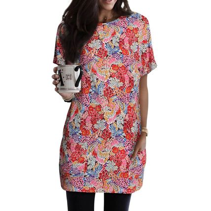 Multicolor Boho Flower Print Short Sleeve Tunic Top