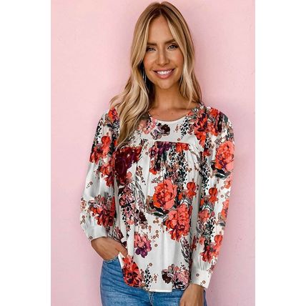Red Retro Floral Long Sleeve Blouse