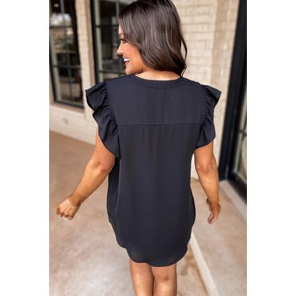 Black Notched Neck Ruffle Sleeve Blouse