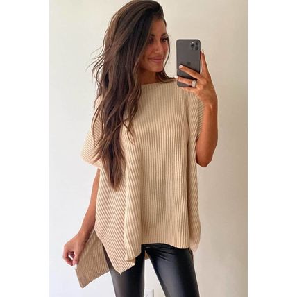 Apricot Short Sleeve Side Slit Oversized Sweater