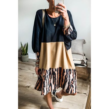 Khaki Printed Tiger Stripe Colorblock Bishop Sleeve Mini Dress