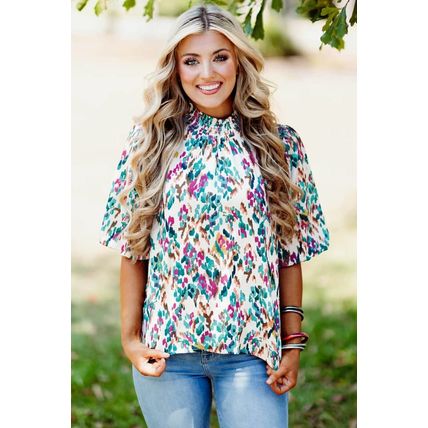 Light Blue Abstract Print Puff Sleeve Mock Neck Blouse