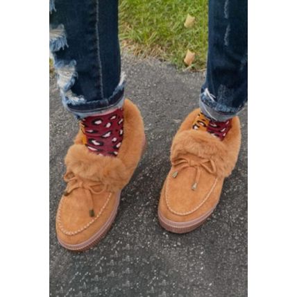 Brown Bow Decor Faux Suede Plush Lined Winter Flats