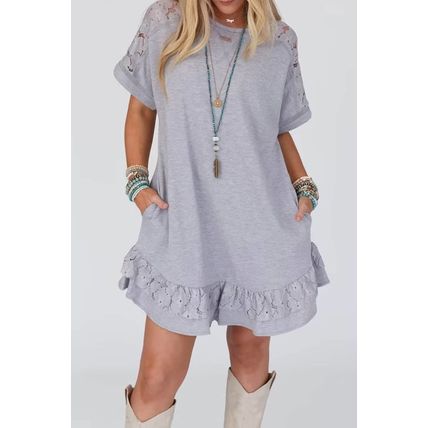 Light Grey Lace Floral Patchwork Ruffled T-shirt Dress