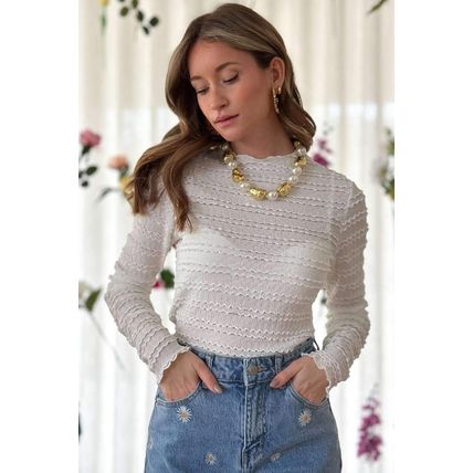 White Knit Jacquard Slim Fit Top