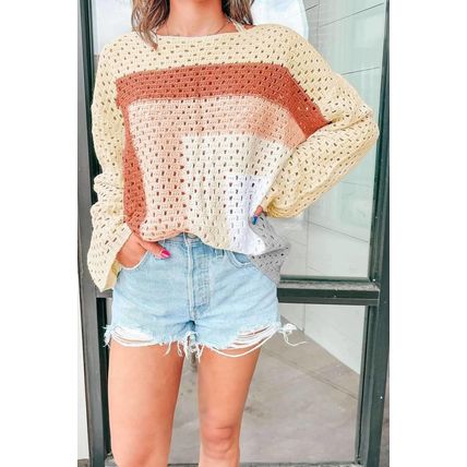 Apricot Pointelle Knit Colorblock Baggy Sweater