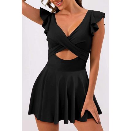Black 2-tone Patchwork Crossed Cutout One Piece Swimdress