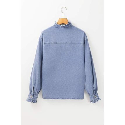 Beau Blue Ruffled Long Sleeve Buttoned Denim Shirt