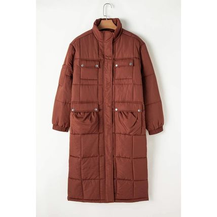 Coffee Quilted Puffer Stand Neck Zipped Mid-length Coat