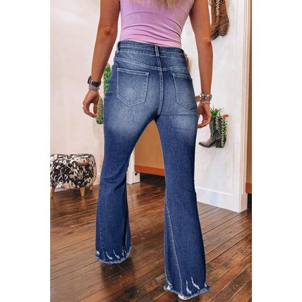 Sail Blue High Rise Dual Button Distressed Raw Hem Flared Jeans