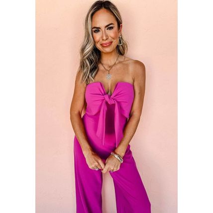 Bright Pink Bowknot Strapless Wide Leg Jumpsuit