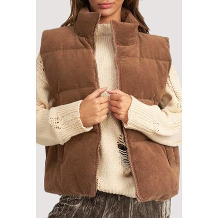 Coffee Corduroy Stand Neck Zipped Puffer Vest