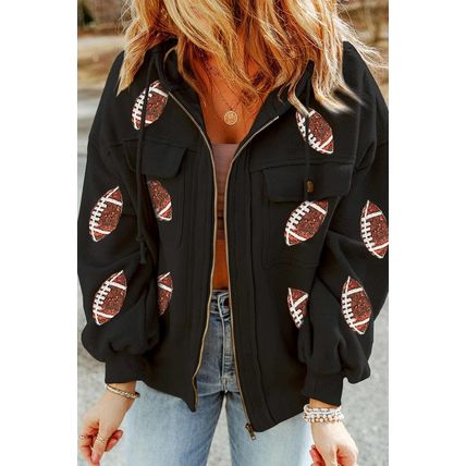Black Sequined Rugby Football Pattern Pocketed Zipper Hooded Jacket