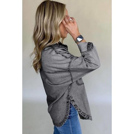 Medium Grey Mineral Wash Patched Pocket Split Denim Jacket