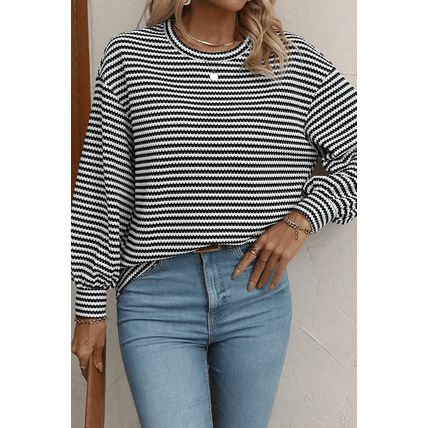 Black Stripe Round Neck Drop Shoulder Long Sleeve Top