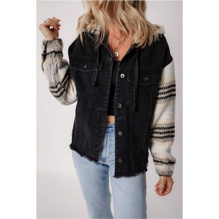 Black Plaid Sleeve Frayed Hem Hooded Denim Jacket