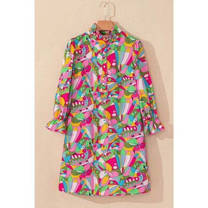 Pink Abstract Printed Lantern Sleeve Buttoned Mini Dress
