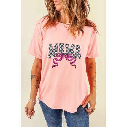 Pink Sequin Checkered MAMA Bow Graphic T Shirt