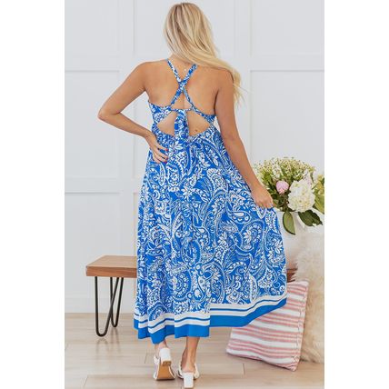 Blue Paisley V Neck Crisscross Backless Maxi Dress