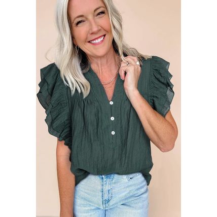 Skobeloff Frilled V Neck Ruffled Cap Sleeve Blouse