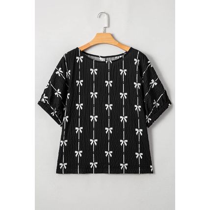 Black Bow Print Puff Short Sleeve Top