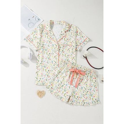 White Floral Print Contrast Pipping Short Pajamas Set