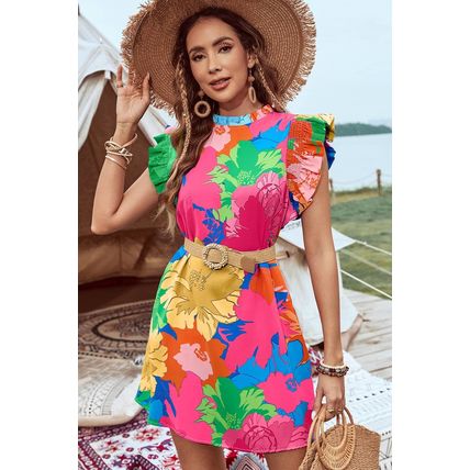Pink Bold Floral Flutter Sleeve Shift Mini Dress with Pockets
