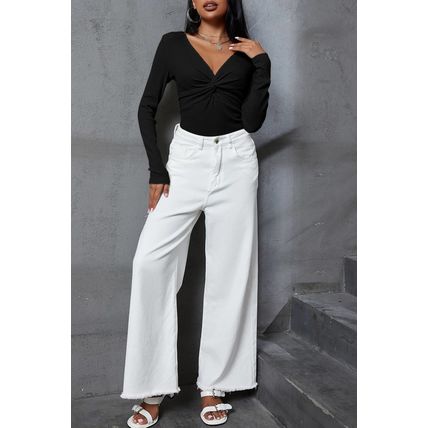 Black Textured Twist Front V Neck Long Sleeve Slim Solid Color Top