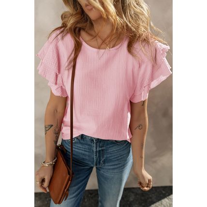 Light Pink Crinkled Cotton Gauze Ruffle Sleeve Blouse
