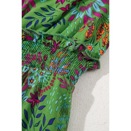 Green Floral Tie Split Neck Frilly Ruffle Trim Tiered Short Dress
