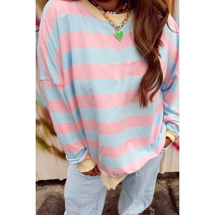 Sky Blue Stripe Drop Shoulder Crewneck Plus Size Sweatshirt