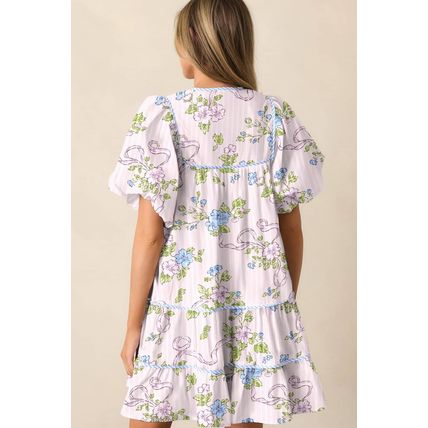 Pink Floral Striped Print Contrast Trim Tie Split Neck Mini Dress