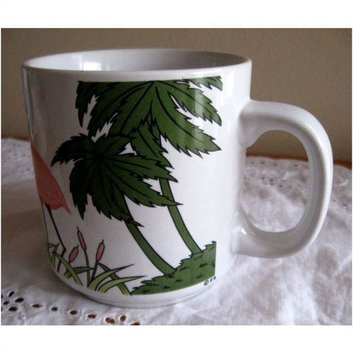 Coffee / Tea Mug With Pink Flamingo & Green Palm Tree Design