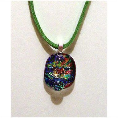 Pendant dichroic glass 1-1/8 inch + 18 inch green suede rope costume jewelry