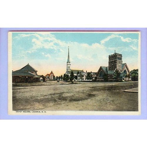 NH Laconia Depot Square Street Scene View 4 Way Intersection w/Churches On~167